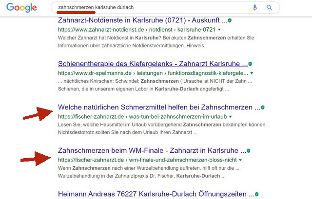 Content Marketing Google Suche Zahnschmerzen Karlsruhe Durlach