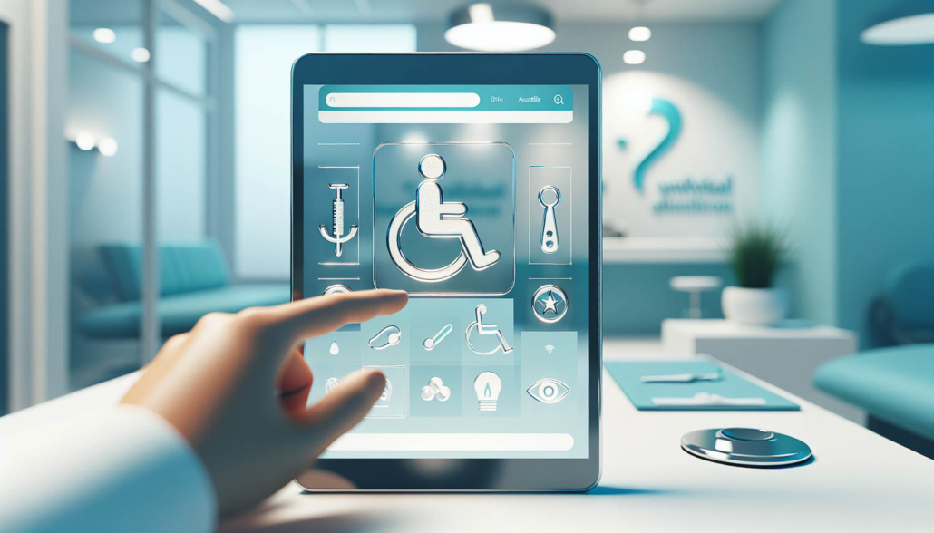 Stilisierte Darstellung eines Tablets, das eine moderne Website einer Zahnarztpraxis anzeigt. In das Design sind universelle Symbole für Barrierefreiheit wie ein Rollstuhl, ein Auge und ein Ohr integriert, um digitale Inklusion und Zugänglichkeit für alle Nutzer zu symbolisieren.
