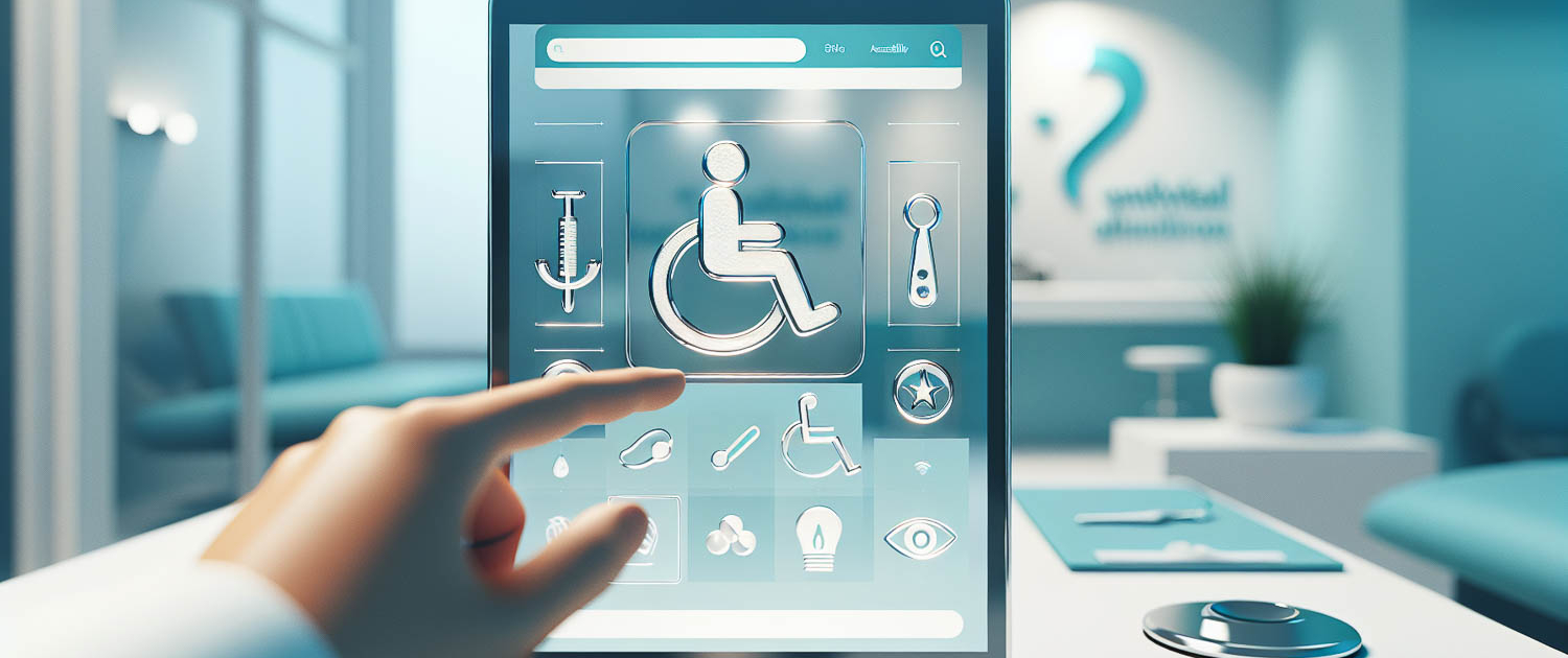 Stilisierte Darstellung eines Tablets, das eine moderne Website einer Zahnarztpraxis anzeigt. In das Design sind universelle Symbole für Barrierefreiheit wie ein Rollstuhl, ein Auge und ein Ohr integriert, um digitale Inklusion und Zugänglichkeit für alle Nutzer zu symbolisieren.