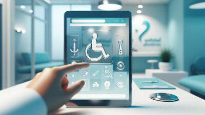 Stilisierte Darstellung eines Tablets, das eine moderne Website einer Zahnarztpraxis anzeigt. In das Design sind universelle Symbole für Barrierefreiheit wie ein Rollstuhl, ein Auge und ein Ohr integriert, um digitale Inklusion und Zugänglichkeit für alle Nutzer zu symbolisieren.